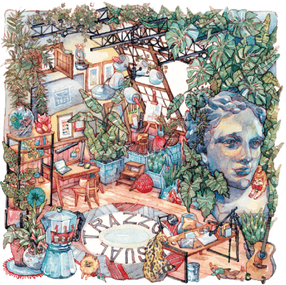 Ilustración artística de la Casona Trazzo con vegetación y elementos arquitectónicos