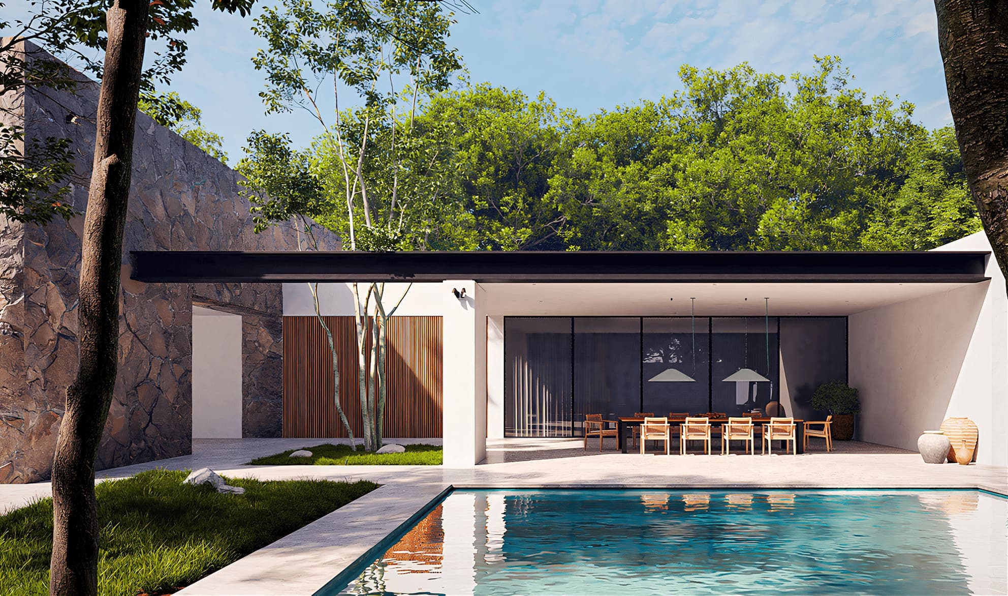 Interior moderno con mesa de comedor, plantas y vista al exterior